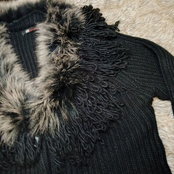 IB Diffusion XL Black Knit Cardigan Sweater Faux Fur Fringe Stevie Nicks Y2K - Picture 4 of 8